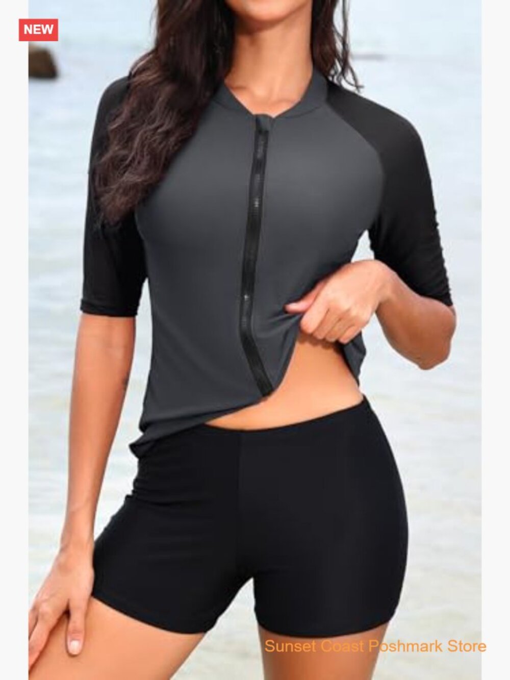 2 Piece Rash Guard Swimsuit with Shorts Full Zipper SPF Modest Swimwear - Picture 3 of 5